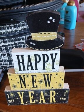 Happy New Year Decorative Wooden Block Set - Black & Yellow